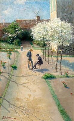 Friluftsmålare och blommande frukttrad, Grez