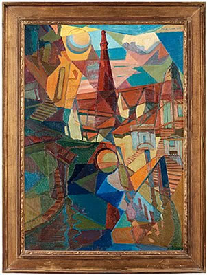 Sample artwork by Dick Beer (1893 - 1938), known for abstract painting of figures, landscapes, city buildings, some cubism - View similar artists and auction records