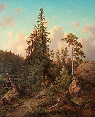 Forest landscape with woman collecting wood
