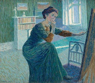 Portrait of Agnes Cleve-Jonand: Self portrait by the easel. (d)