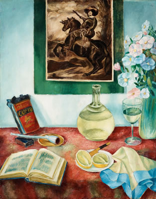Still life with pipe and decanter.
