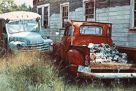 "School bus and red pick-up"