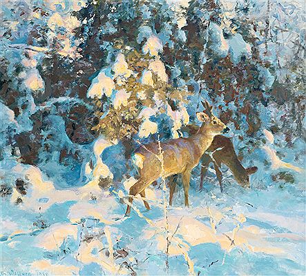 Roe deer in snowy forest by Thure Wallner - Auction record, sale price, and art valuation. Compare with similar artists and explore comparable artworks.