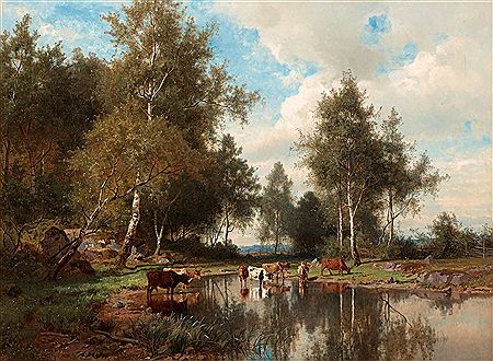 Forest landscape with birch trees and cows by water. by Edvard (Johan-Edvard) Bergh - Auction record, sale price, and art valuation. Compare with similar artists and explore comparable artworks.