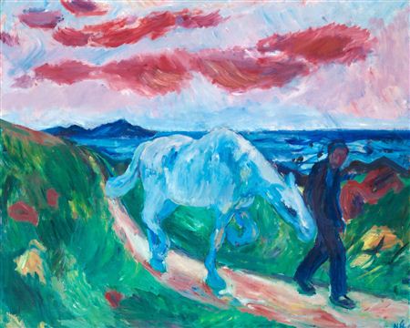 Farmer leads a horse