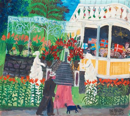 Sample artwork by Olle Olsson-Hagalund (1904 - 1972), known for naive style paintings of people and places in the hagalund district - View similar artists and auction records