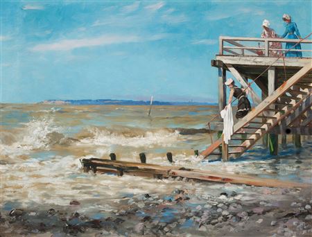 "Badbrygga vid stranden av Engelska kanalen" (Jetty on the beach of the English Channel)