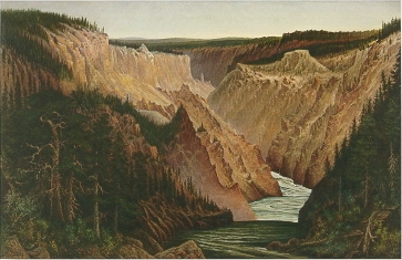 A Canyon River with Pines and Figures