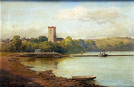 Scene at Stoke Gabriel with boats, figures and village