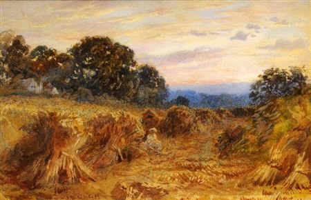 Rural landscape at twilight with young girl hiding amongst corn stooks by Jabez Bligh - Auction record, sale price, and art valuation. Compare with similar artists and explore comparable artworks.