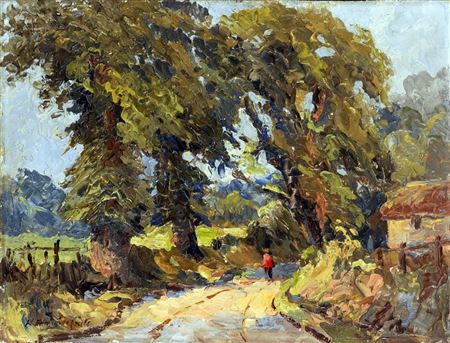 Impressionist wooded landscape with figure in lane, unsigned impressionist coastal scene verso by Harry Edmunds Crute - Auction record, sale price, and art valuation. Compare with similar artists and explore comparable artworks.