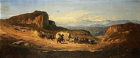 Roman countryside with travellers and buffalo drawn wagon on dusty road, castle in distance