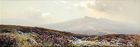 Extensive moorland scene with wild flowers and river with mountains beyond