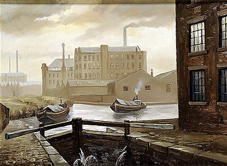 Industrial canal scene with mills.