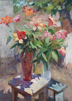Still life composition showing two vases of flowers on two small table