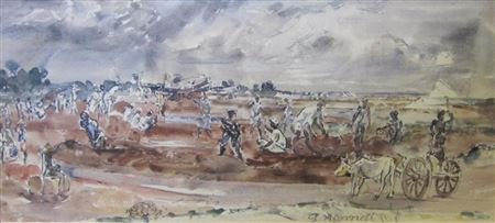 Coolies draining and levelling near Pegu, Burma, 1945 by Thomas Hennell - Auction record, sale price, and art valuation. Compare with similar artists and explore comparable artworks.