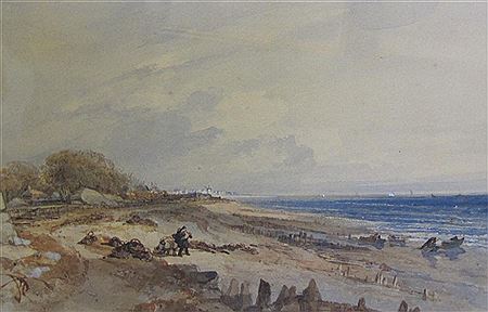 An extensive Coastal Landscape with figures on a beach in the foreground by Robert Brandard - Auction record, sale price, and art valuation. Compare with similar artists and explore comparable artworks.