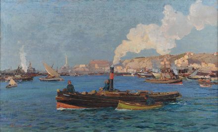 Veduta del porto di Genova con rimorchiatori