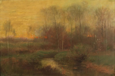 Landscape, meandering stream in sunset