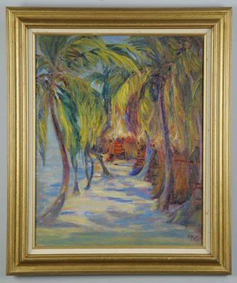 Impressionist style tropical landscape of a hut on a beach, under a grove of trees