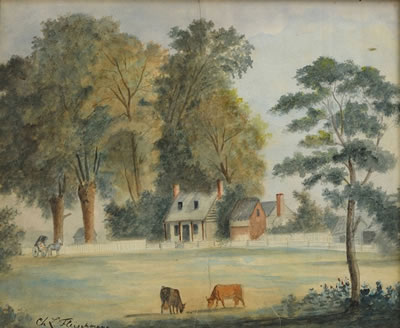 Plantation landscape depicting house with white fence and carraige approaching, cows grazing in the foreground