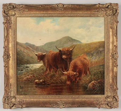 Landscape with 3 cows beside a stream with highlands in background