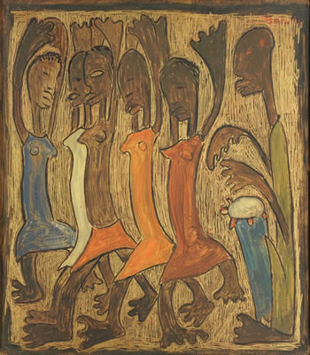 Depicting Haitian women dancing with a man playing a drum