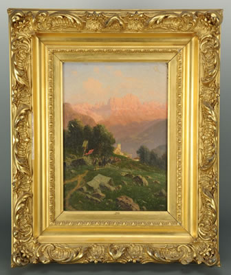 Landscape depicting a religious procession in the Italian countryside, against a mountainous background