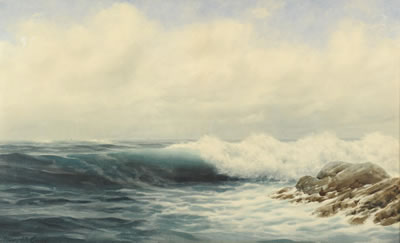Seascape of waves breaking on rocky shore