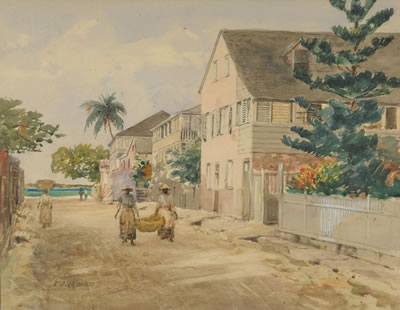 Depicting a tropical street scene with black women going to market