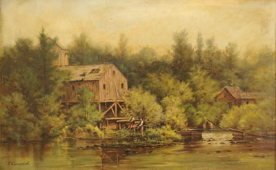 Depicting two men fishing in a stream and a small cabin in right background
