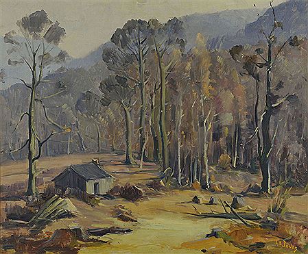 Mountain scene with cabin