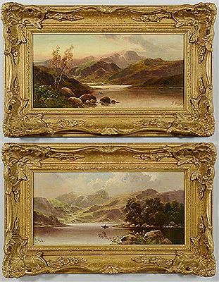 Landscapes depicting lake scenes, one with figure in a boat, the other at sunset (a pair)