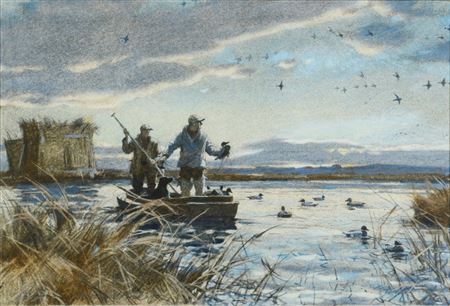 Duck hunters setting out decoys