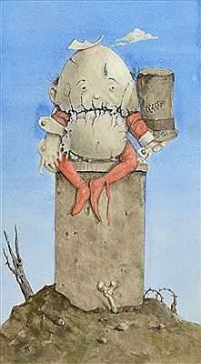 Humpty Dumpty sitting back atop a wall