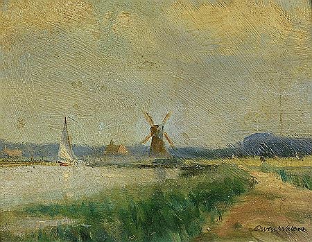 Rural landscape with sailboat on lake and windmill