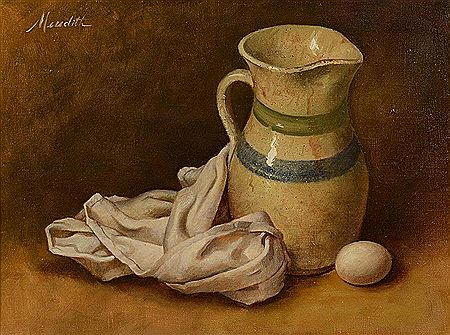Still life with a pottery pitcher, draped with a napkin, and an egg