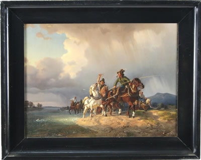 Farmers crossing the water with horses