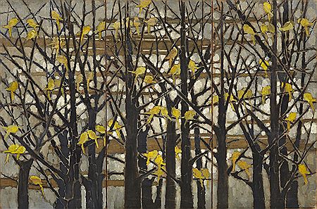 Arbres noirs et serins jaunes sur fond gris (3)