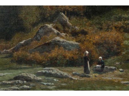 "Paysannes dans un paysage de montagne."
