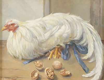 Gallina a riposo con fiocco e noci