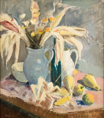 Composizione con vaso di fiori e frutti