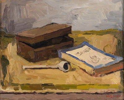 Composizione con pipa, cofanetto e libro by Virgilio Guzzi - Auction record, sale price, and art valuation. Compare with similar artists and explore comparable artworks.