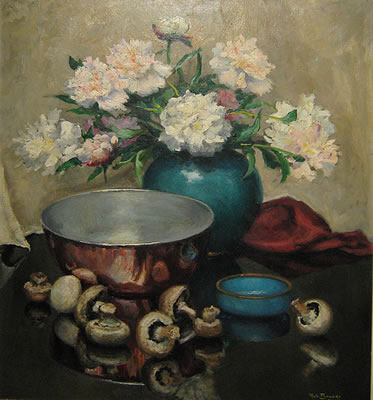 Stilleven van bloemen, potten en paddestoelen/Nature morte aux fleurs, pots et champignons