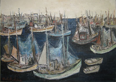 Havenzicht met zeilboten / Voiliers au port