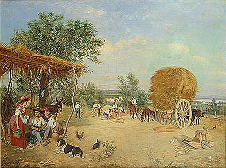 Landelijk tafereel met personen, dieren en een hooiwagen / Personnages, animaux et chariot à foin dans une scène rurale