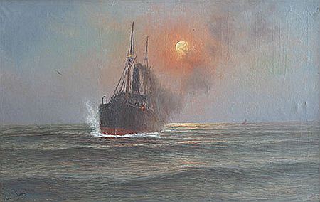 Stoomboot op zee / Paquebot en pleine mer