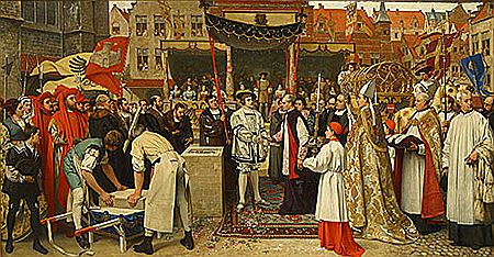 Eerstesteenlegging voor de verbouwing van de Onze-Lieve-Vrouwekathedraal van Antwerpen met Karel V / Charles Quint posant la première pierre pour l'agrandissement de la cathédrale Notre Dame à Anvers