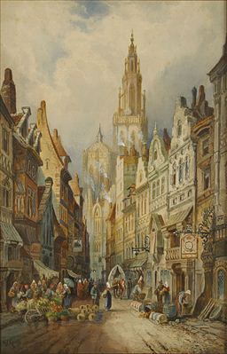 Sample artwork by Charles James Keats (1856 - 1900), known for watercolor cityscapes of low countries and northern france - View similar artists and auction records