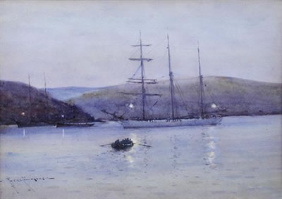 Schooner, Fowey Harbour, Cornwall, at Dusk, 1916